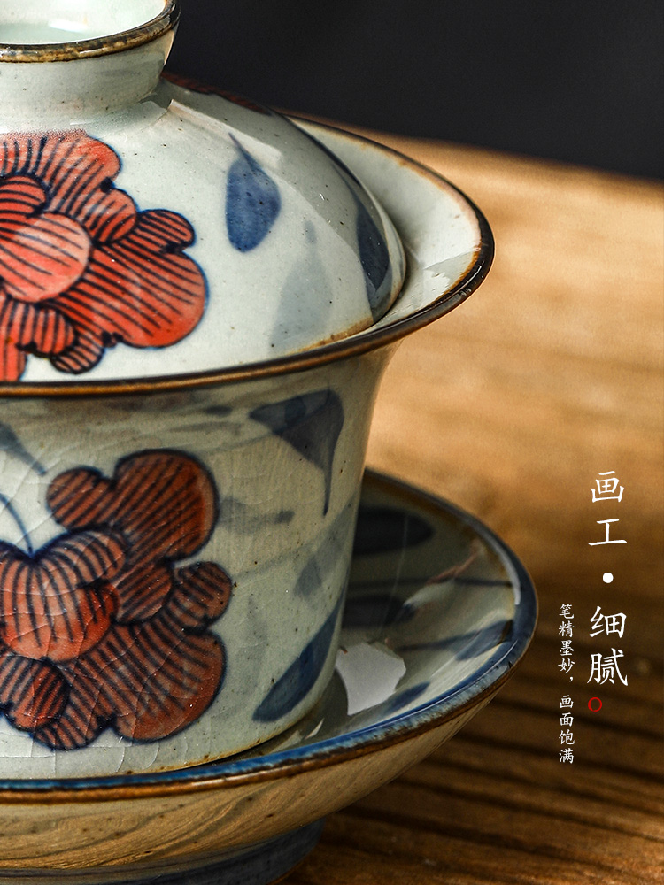 Jingdezhen blue and white pure manual only three tureen kung fu tea bowl of hot upset prevention hand - made ginkgo biloba tea set