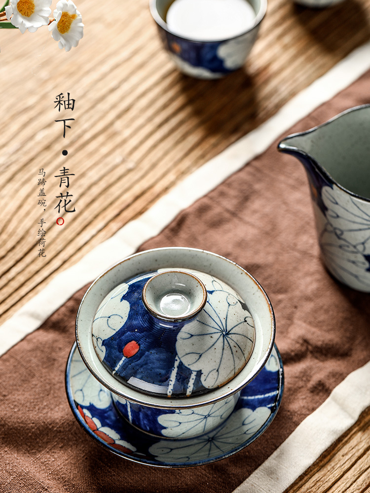 Jingdezhen blue and white tureen tea is a single cup tea large hot upset kunfu tea hand - made lotus tea