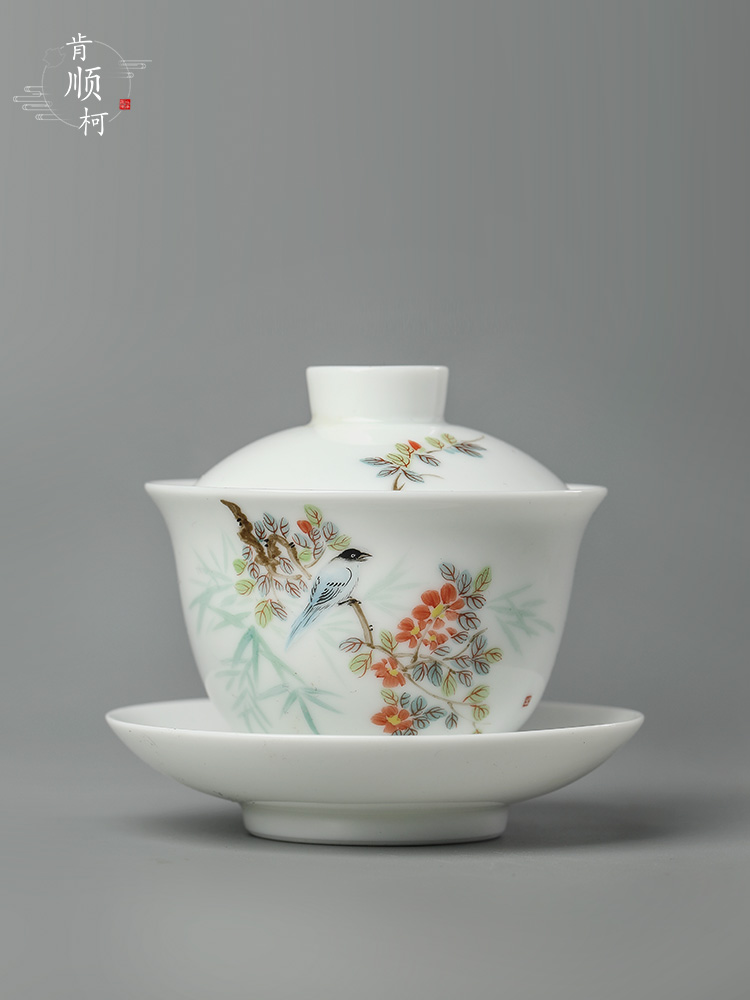 Pure manual only three tureen Chinese jingdezhen hand - made painting of flowers and white porcelain tea bowl kung fu tea set a single tea lady