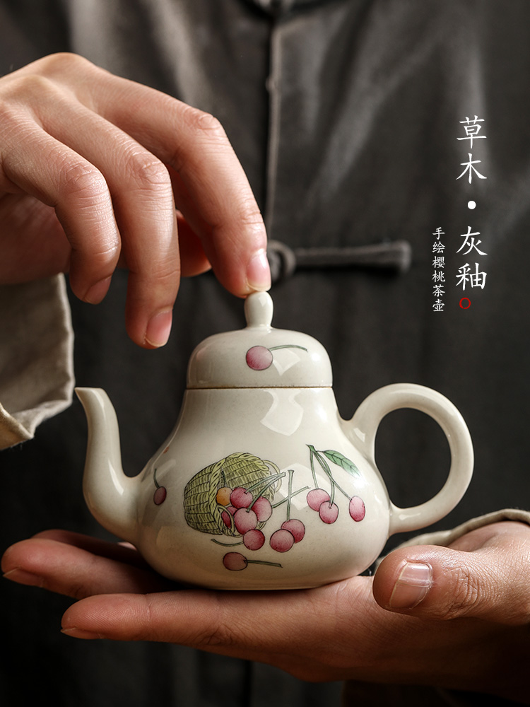 Jingdezhen pure manual teapot kongfu tea pot plant ash glaze hand - made cherry ball hole, small ceramic pot