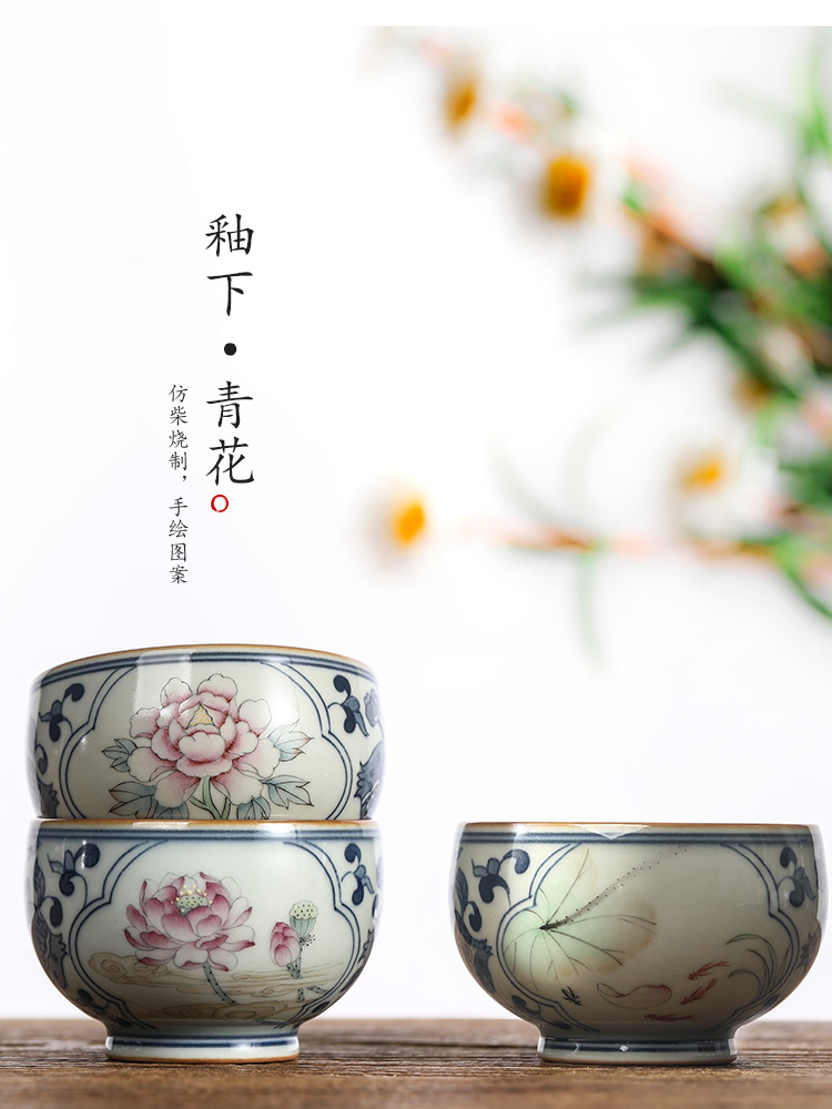 Jingdezhen blue and white window kung fu master cup single cup pure manual sample tea cup single teacups hand - made lotus tea set only