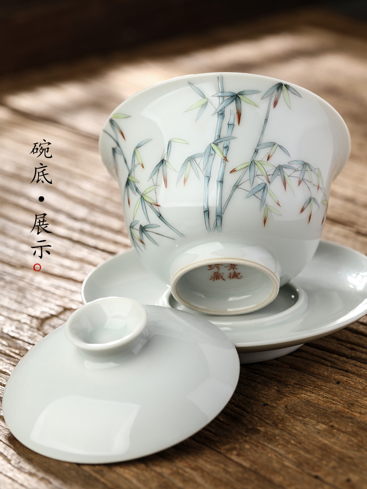 Jingdezhen pure manual three tea tureen Chinese style is not only large bowl with hand - made archaize kung fu tea set