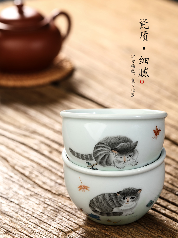 Jingdezhen tea master kung fu tea cup single cup of pure manual hand - made the cat ceramic bowl sample tea cup only