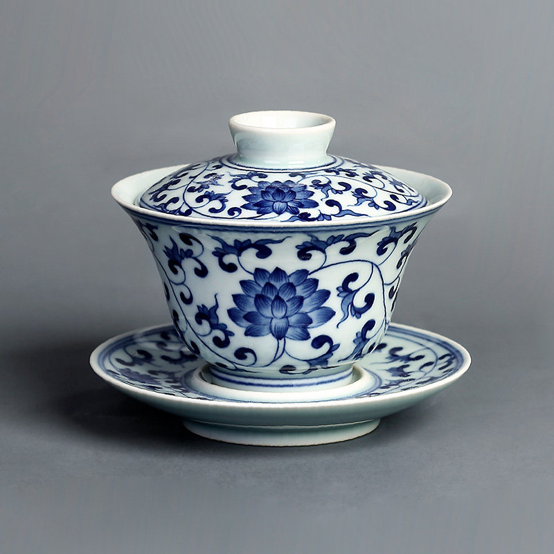 Kung fu tea hand draw branches of lotus blossom three to cover bowl of Jingdezhen thin fetal cup of tea cup retro ceramic