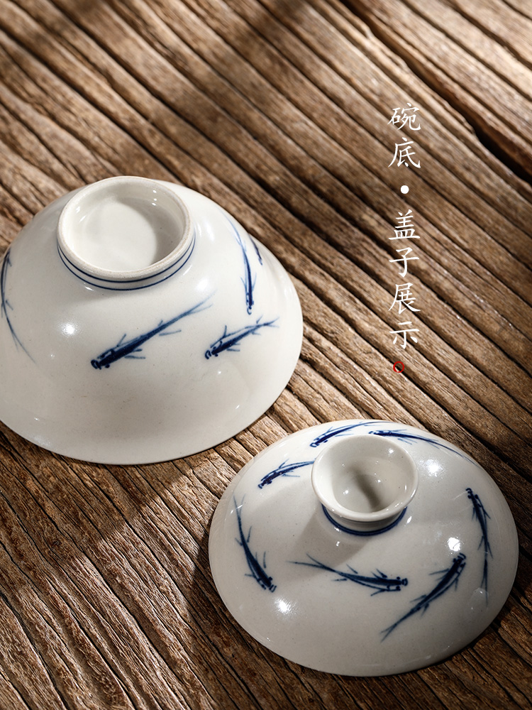 Jingdezhen blue and white hand - made tureen tea cups pure manual plant ash glaze tea bowl of hot kung fu tea set home female