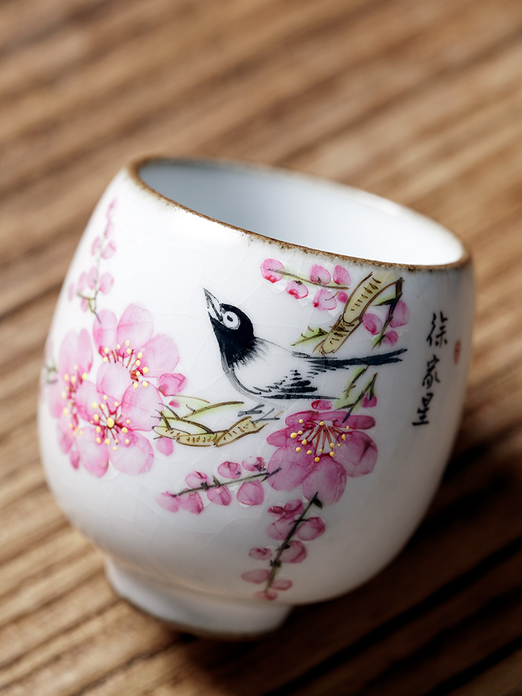 Jingdezhen hand - made teacup Xu Jiaxing peach blossom put water point master cup single CPU woman pure manual your up ceramic sample tea cup