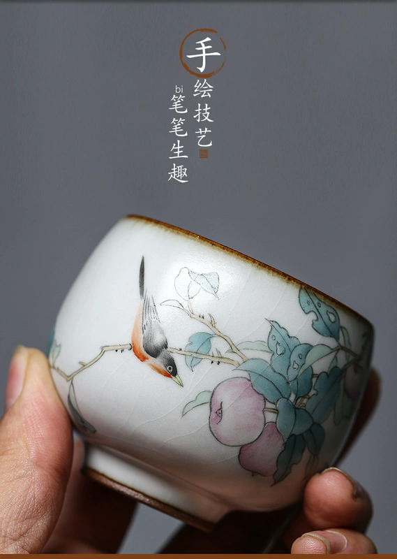 Jingdezhen Vẽ tay Apple Bird Tách trà bằng gốm thủ công Bộ tách trà nhỏ Đơn lẻ Bộ tách trà Ru Lò Kung Fu Chén trà Master Cup - Trà sứ