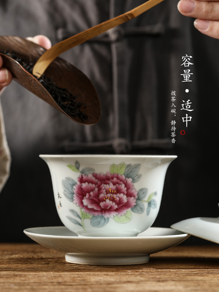 Pure manual only three tureen tea cups jingdezhen hand - made peony large - sized iron bowl kung fu tea set getting out