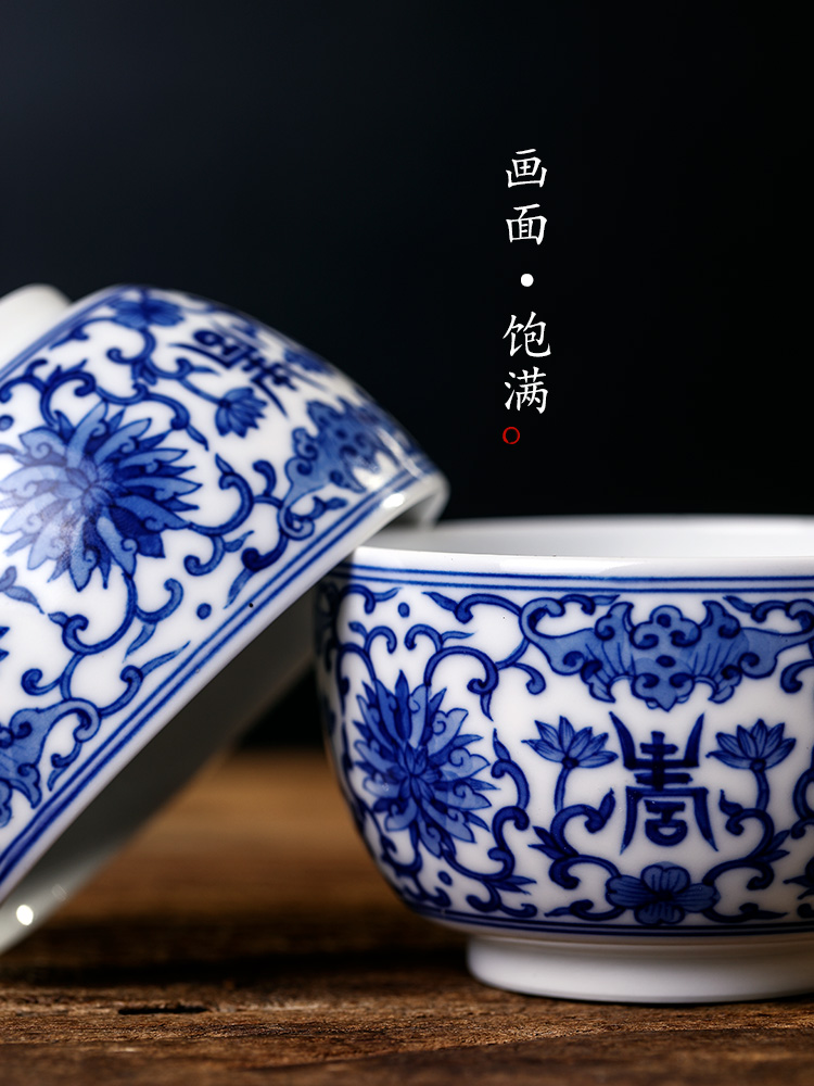 Pure manual jingdezhen blue and white master cup single sample tea cup and cup hand - made lotus flower ceramic kung fu large cups