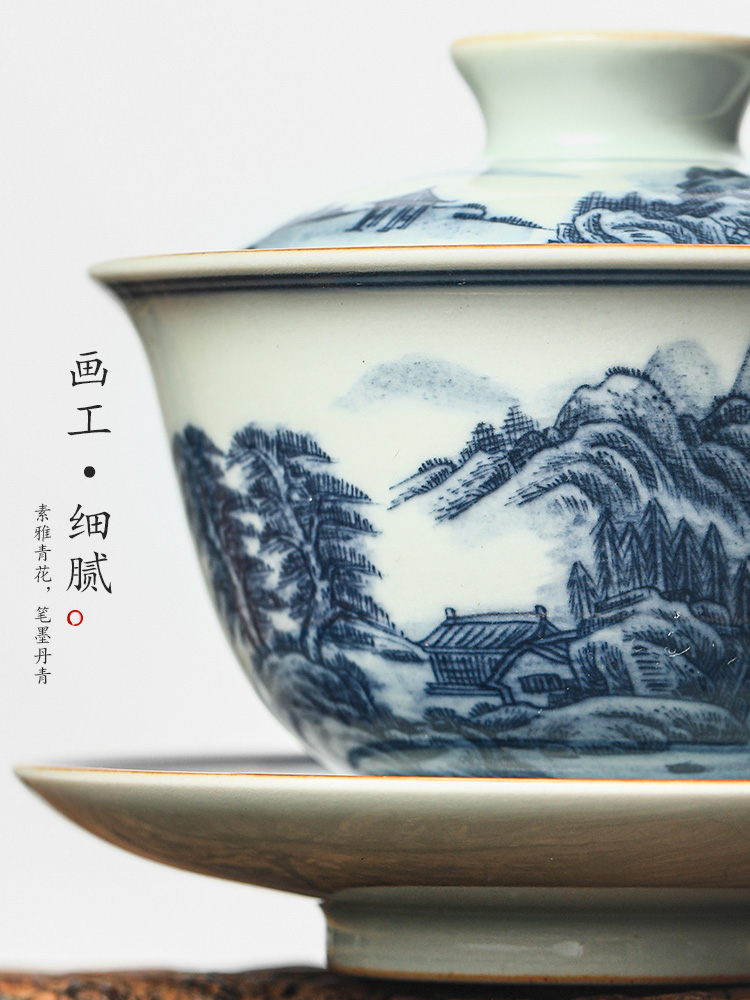 Jingdezhen blue and white only three tureen tea ware kongfu tea cup single use prevent hot pure manual hand - made of scenery