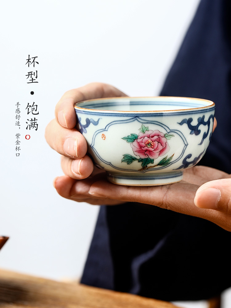 Blue and white master cup of pure manual sample tea cup single CPU kung fu tea cups jingdezhen bucket color hand - made peony ceramic tea set