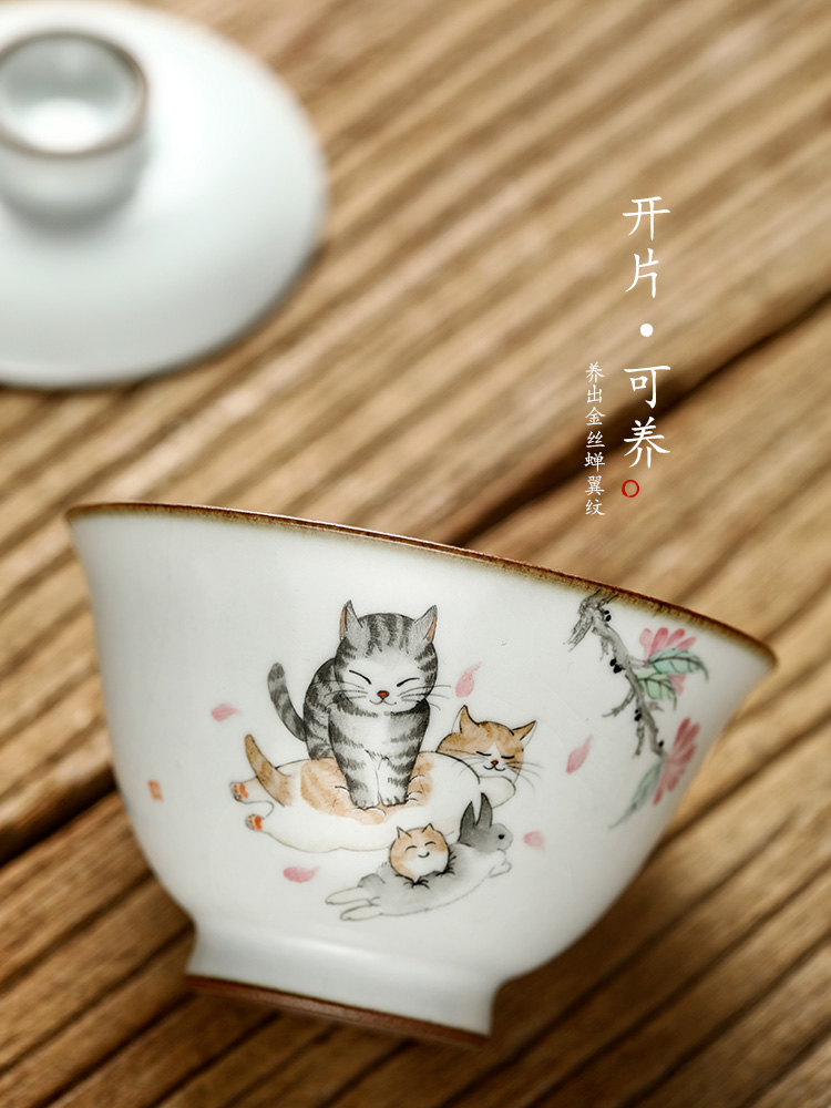 Kunfu tea tureen single hot jingdezhen tea set your up proof hand - made the cat thickening checking tea bowl of tea cups