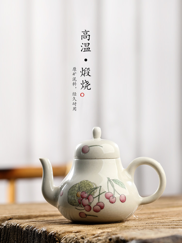 Jingdezhen pure manual teapot kongfu tea pot plant ash glaze hand - made cherry ball hole, small ceramic pot