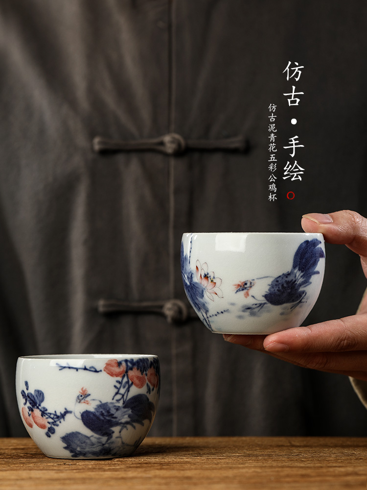 Jingdezhen hand - made antique porcelain teacup masters cup sample tea cup cup pure manual zodiac chicken kunfu tea tea set