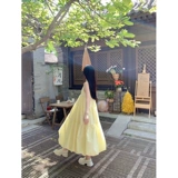 Желтое летнее небольшое платье, длинная юбка, французский стиль, V-образный вырез, свободный крой