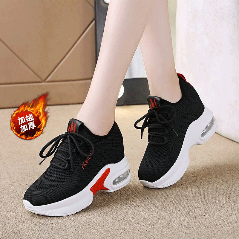 Red Plush (One Size Smaller)2021 new pattern Internal elevation gym shoes female Autumn and winter black Plush Versatile Dad Low Gang Socks motion Casual shoes
