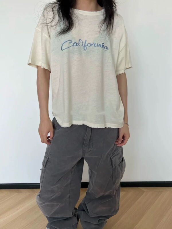 Erl 24Fw California Letter Print Short-Sleeve Yellow and Gray Two-Tone Washed Distressed Boxy Fit T-Shirt Unisex