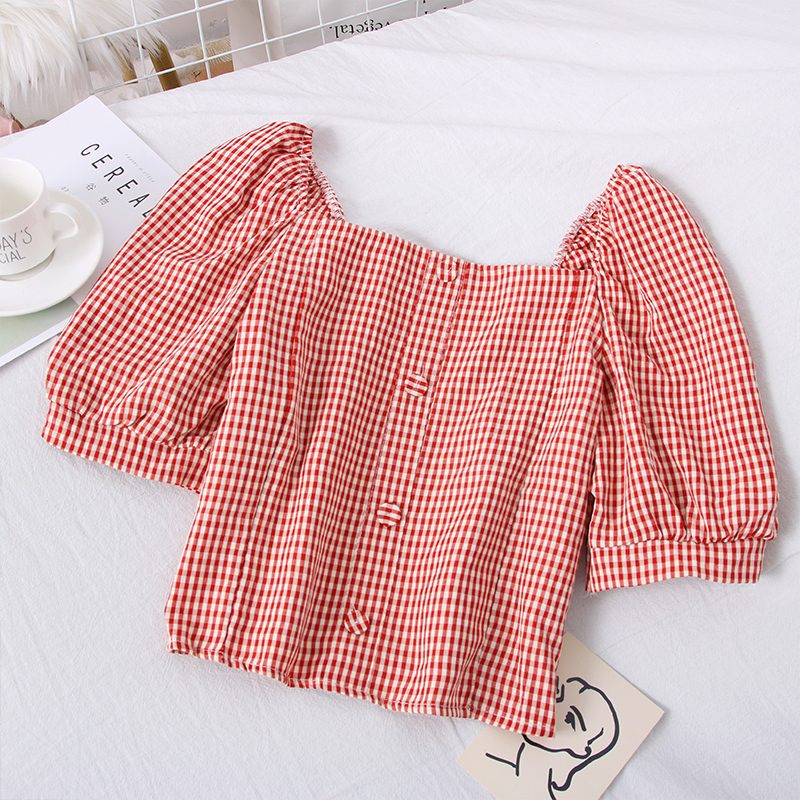 . 2020 Spring / Summer mới của Hàn Quốc phiên bản của nhỏ tươi cổ áo vuông lưới đơn hàng khóa cơ thể hiển thị mỏng ngắn tay áo top nữ