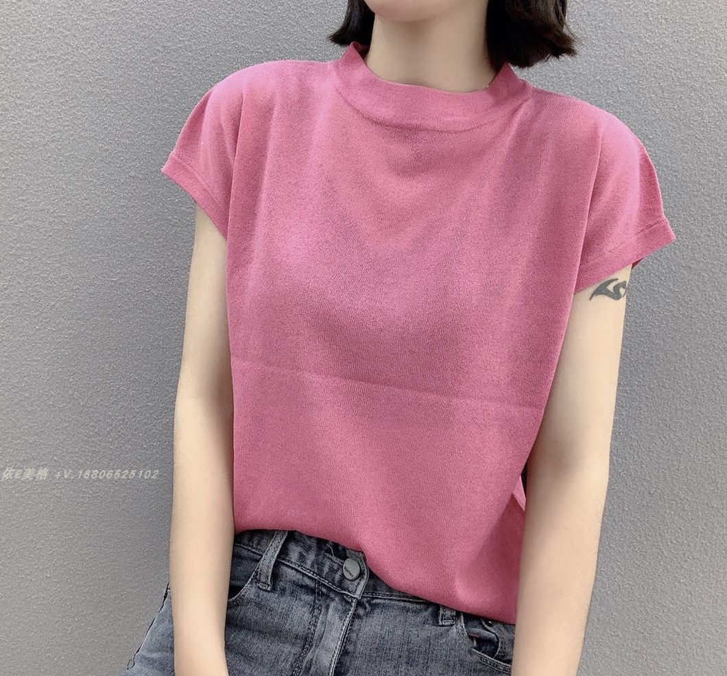 . 2020 Spring / Summer Version Thin Multi-Color Knitwear Hàn Quốc đơn giản Half-cao cổ Linen T-shirt Ở phía dưới