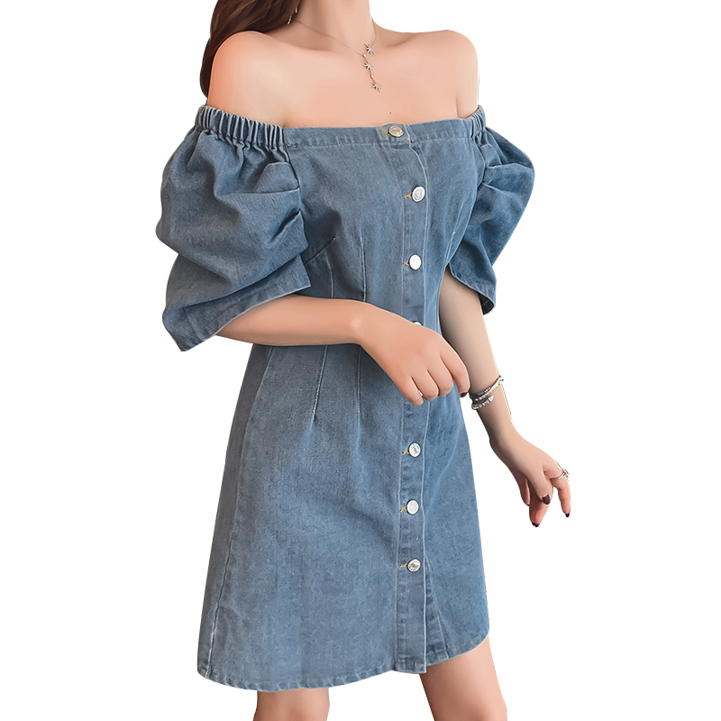 . Tay áo bong bóng băm Pháp hiển thị mỏng một chữ denim váy một chiếc váy từ cổ áo nữ mùa hè