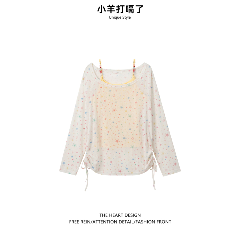 All-Over Star Print U-Neck Long-Sleeve T-Shirt Sun Protection Cover-Up with Camisole Two-Piece Set for Women 2026 Summer New Style Set