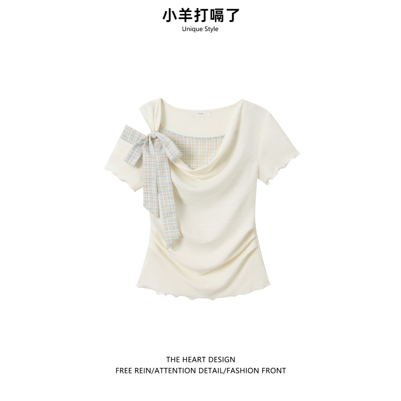 Plaid Tie-Up Fake Two-Piece Swing Collar Short-Sleeve Women's 2026 New Slim-Fit T-Shirt with Ruffled Design Top Plaid Tie-Up Fake Two-Piece Swing Collar Short-Sleeve Women's 2026 New Slim-Fit T-Shirt with Ruffled Design Top