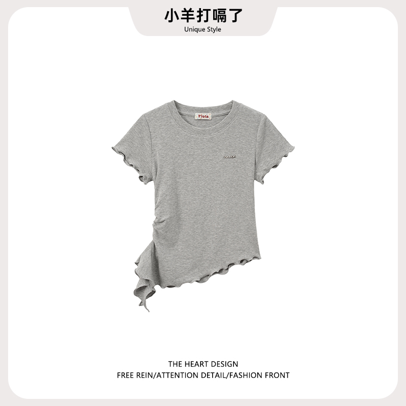 Korean Style Ruffled Round Neck T-Shirt for Women, Summer Design with Irregular Hem, Short Sleeves, Slim Fit, Regular Shoulder Short Top