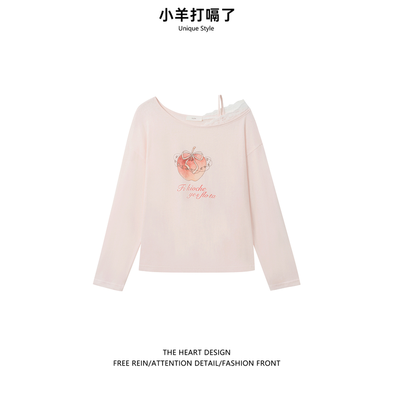 Summer Lace Trim Off-Shoulder Long-Sleeve T-Shirt for Women 2026 New Pink Printed Blouse Pure Desire Style Loose Top