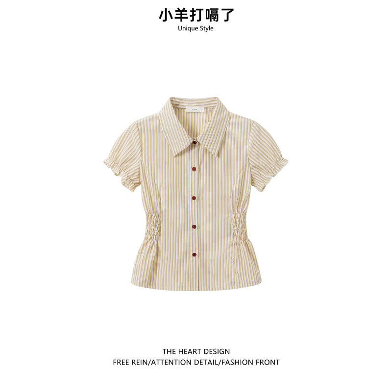 2026 Summer New Style Right-Shoulder Short-Sleeved Shirt for Women, Korean Style Waist-Slimming Striped Shirt, Yellow Polo Collar Top
