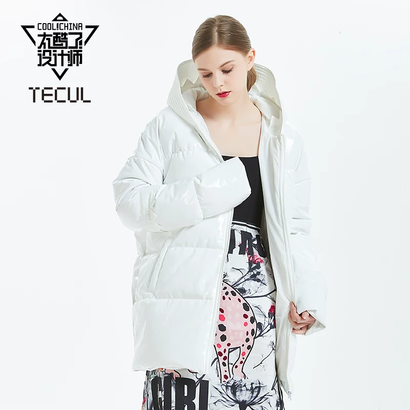 TECUL новый стильный дизайнерский куртка-пуховик белый утка пух бренда niche женское блестящее лаковые кожаные Down jacket