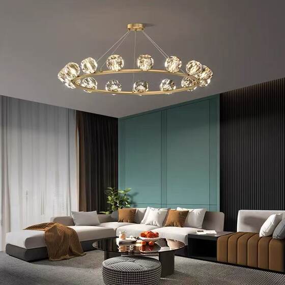 Postmodern Light Luxury All-Copper Crystal Chandelier for Living Room and Dining Room, Simple Round Lamp for Bedroom and Study