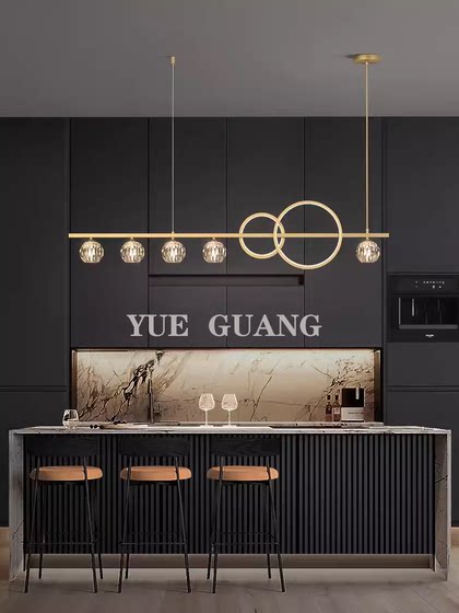 Light Luxury All-Copper Restaurant Crystal Chandelier, Modern Minimalist Creative Personality Bar Counter Dining Room Table Long Designer Lamp