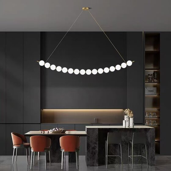 All-Copper Restaurant Bar Island Chandelier, Modern Minimalist Light Luxury Cream Style Pearl String Long Strip Creative Personality Lighting Fixture