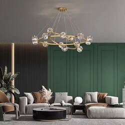Modern Minimalist All-Copper Light Luxury Living Room Chandelier with Round Crystal Ball, Nordic High-End Trendy Bedroom and Dining Room Lighting