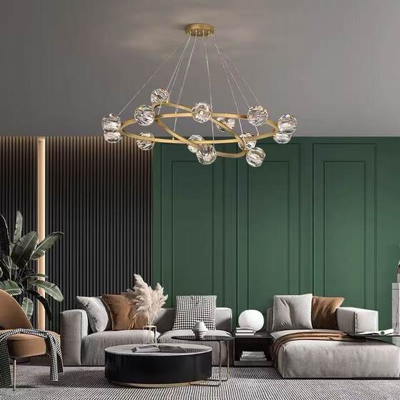 Modern Minimalist All-Copper Light Luxury Living Room Chandelier with Round Crystal Ball, Nordic High-End Trendy Bedroom and Dining Room Lighting
