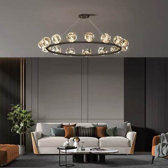Postmodern Light Luxury All-Copper Crystal Chandelier for Living Room and Dining Room, Simple Round Lamp for Bedroom and Study