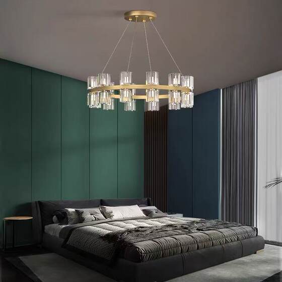 High-End Light Luxury All-Copper Crystal Chandelier Living Room Lamp Modern Simple and Elegant Round Multi-Head Dining Room Bedroom Lighting Fixtures