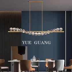 Restaurant Chandelier, Nordic Lighting, All-Copper Post-Modern Light Luxury Dining Room Lamp, Creative and Unique Long Bar Crystal Chandelier