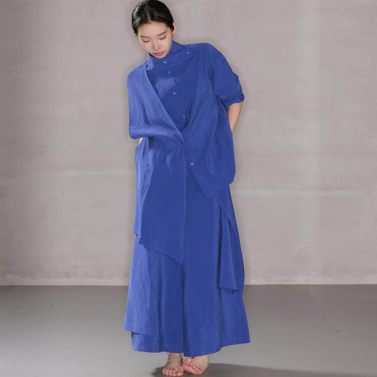 鮮やかなエレクトリックブルーの長袖シャツセット。不規則なゴムウエストとクロップドパンツが特徴｜スプリング・アウェイクニング｜SHOWシリーズ