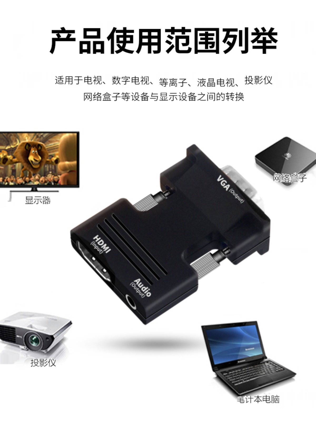 HDMI to Vga to HDMI Converter High-Definition Adapter Computer to Set-Top Box Projector Tv Monitor