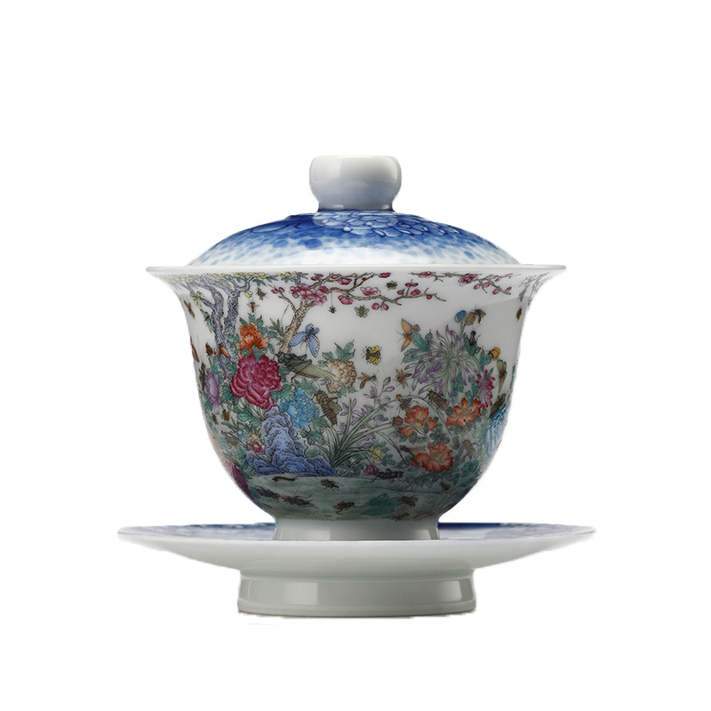 Yu ware jingdezhen ceramic checking 100 insect hand - made pastel blue three tureen tea art collection