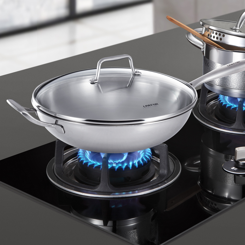 Lingfeng 304 stainless steel frying pan home uncoated three-layer steel frying pan light oil smoke induction cooker gas applicable