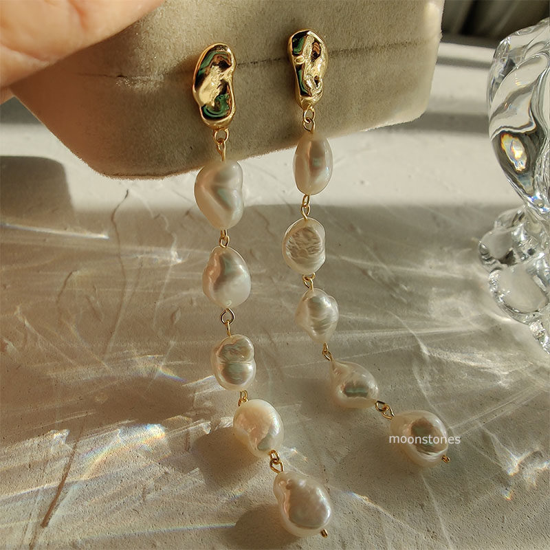 Pea natural pearl long ear thread silver needle non-allergic special-shaped pearl 10 gypsophila multi-bead long earrings