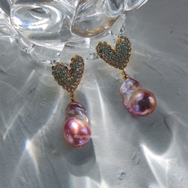 Big love purple baroque earrings full of zircon inlaid niche designer handmade natural purple earrings