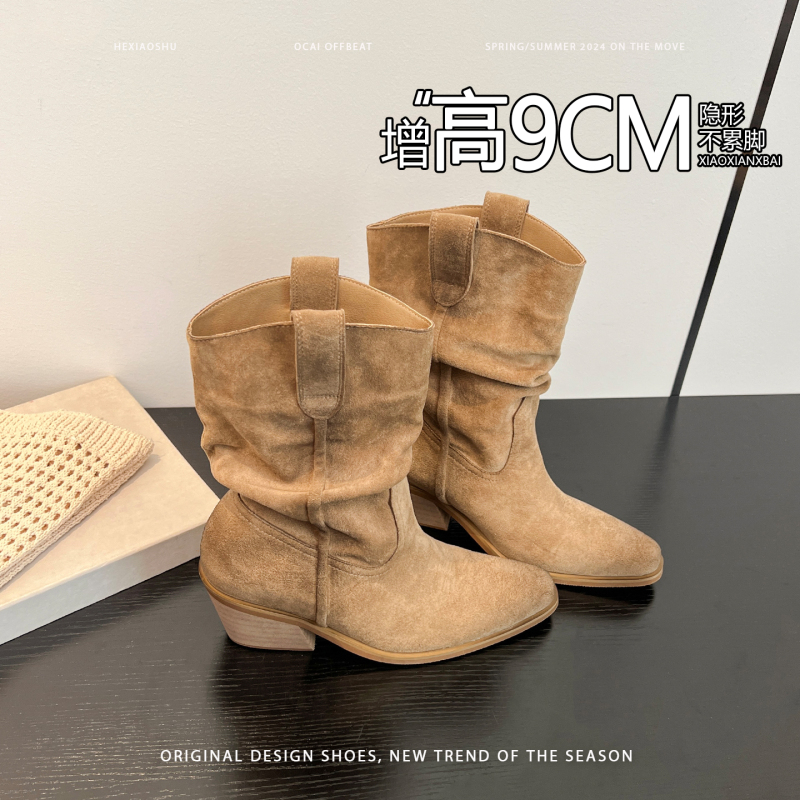 Cowhide Version of Zhao Lusi's Same Style Pointed Toe Slouchy Boots, Women's High-Heeled Retro Denim Riding Boots, Fleece-Lined Martin Boots