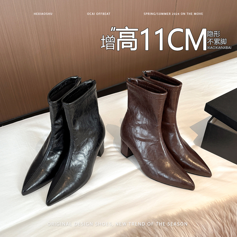 Cowhide Chunky Heel with 11cm Internal Height Increase, Fleece-Lined Warm Fashion Boots for Women, 2026 New Non-Slip High-Heeled Martin Boots, Short Boots
