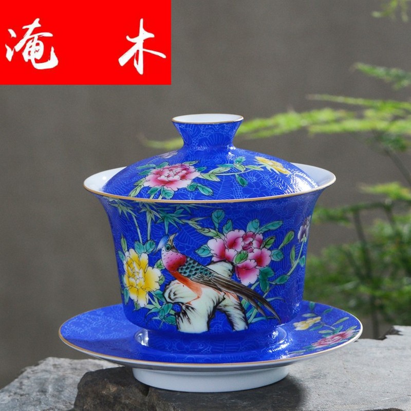 Submerged wood jingdezhen manual pick flowers tureen ceramic checking kung fu tea set hand - made paint powder enamel three to cover
