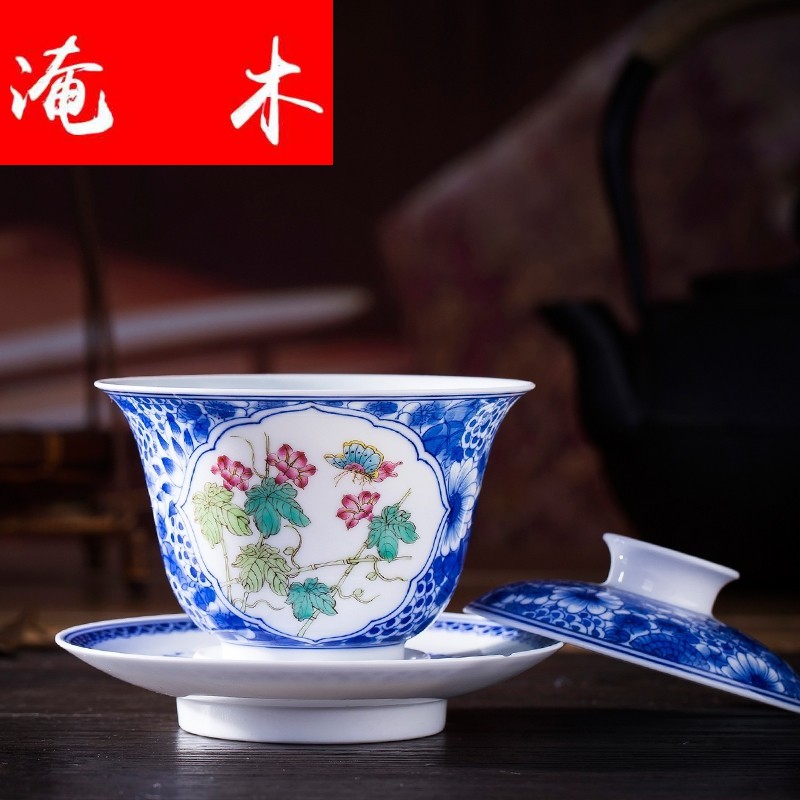 Submerged wood jingdezhen tea worship to use ceramic hand - made of blue and white porcelain enamel tureen large cups in ancient time