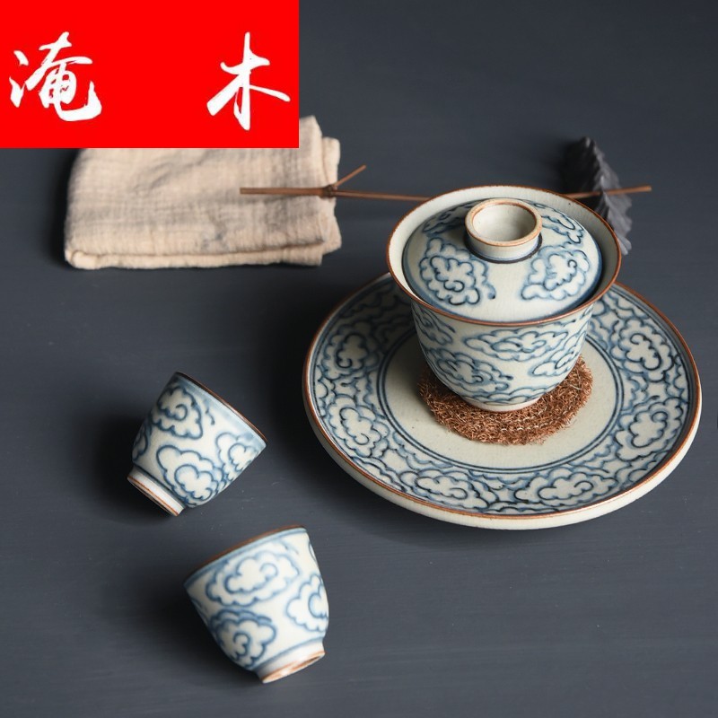 Flooded wood jingdezhen ceramic tureen pure manual blue - and - white tureen xiangyun cup cup kung fu tea set