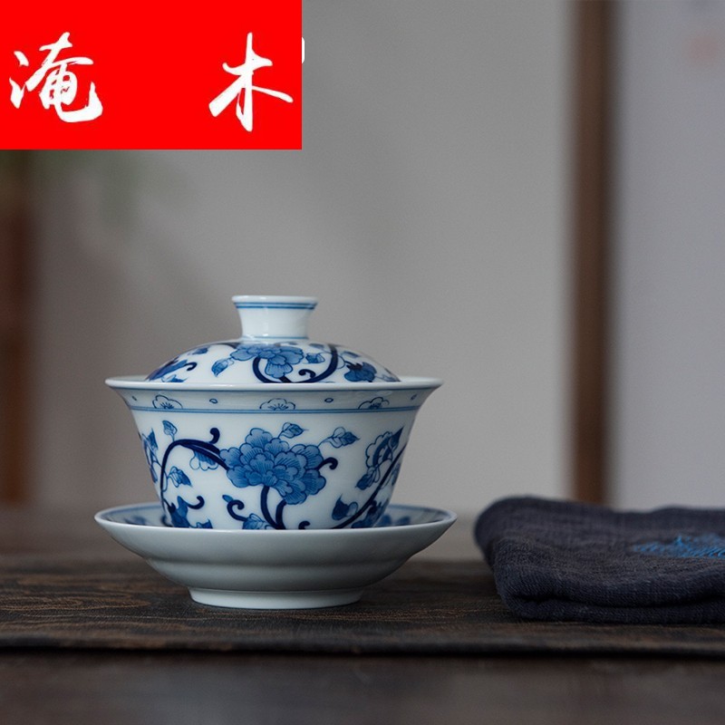 Flooded wooden blue and white hibiscus three double circle just tureen tea bowl of pure manual hand - made jingdezhen ceramic kung fu tea set
